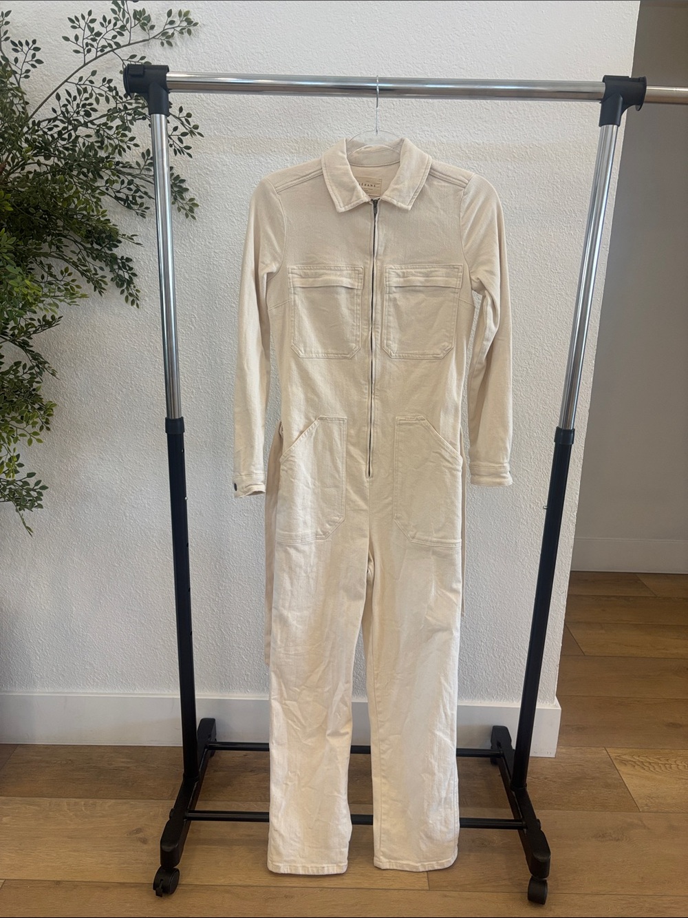 Sezane Cream Zip-Front Cotton Jumpsuit